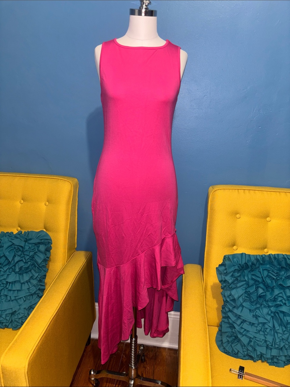 Feminine Hot Pink High-Low Ruffle Dress